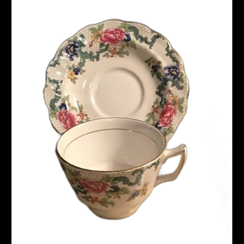 Vintage Booths Floradora A8042 Teacup and Saucer Set English China Gold Trim